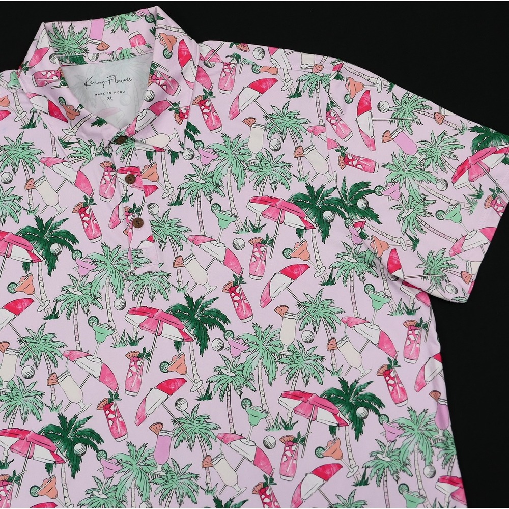 Kenny Flowers Mens XL Pink Tropical Cocktails Performance Polo Master of Leisure